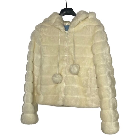 Nine West Faux Fur Full Zip Pom Pom Hooded Winter Coat White Ivory Sz MED - Picture 1 of 7